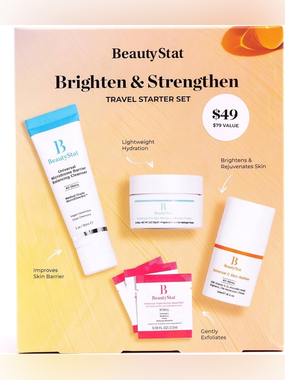 BeautyStat Brighten & Strengthen Travel Set Cleanser Serum Cream Pads